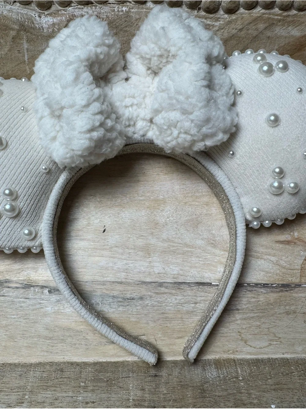 Beautiful Cream Pearl-Embellished mouse ears with Bow Headband